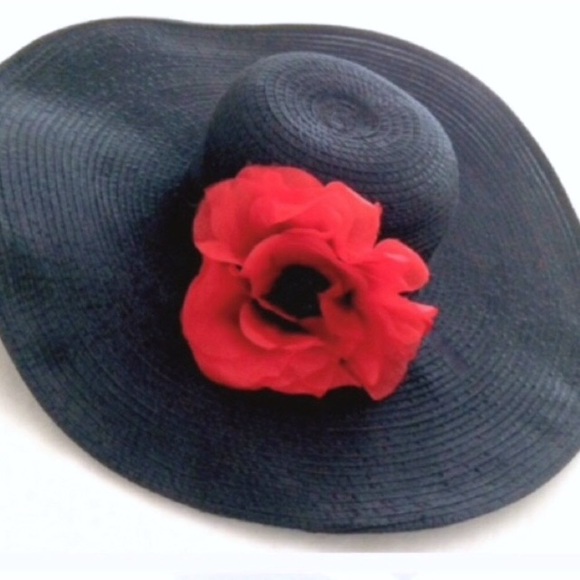 Giovannio Accessories - Black Wide Brimmed Hat w/ Removeable Flower